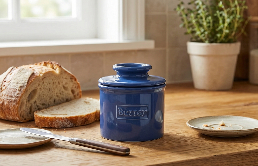 Butter Bell - The Original Butter Bell crock by L Tremain, a Countertop French Ceramic Butter Dish Keeper for Spreadable Butter, Café Retro Collection, Royal Blue, Glossy Finish