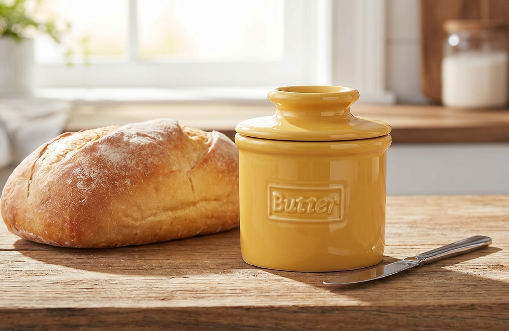 Butter Bell - The Original Butter Bell crock by L Tremain, a Countertop French Ceramic Butter Dish Keeper for Spreadable Butter, Café Retro Collection, Golden Yellow, Glossy Finish