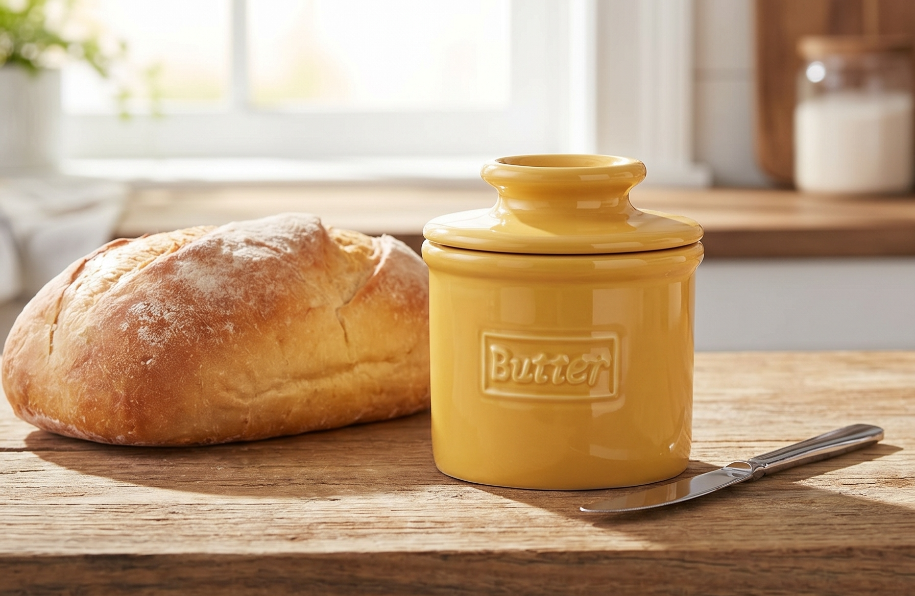 Butter Bell - The Original Butter Bell crock by L Tremain, a Countertop French Ceramic Butter Dish Keeper for Spreadable Butter, Café Retro Collection, Golden Yellow, Glossy Finish