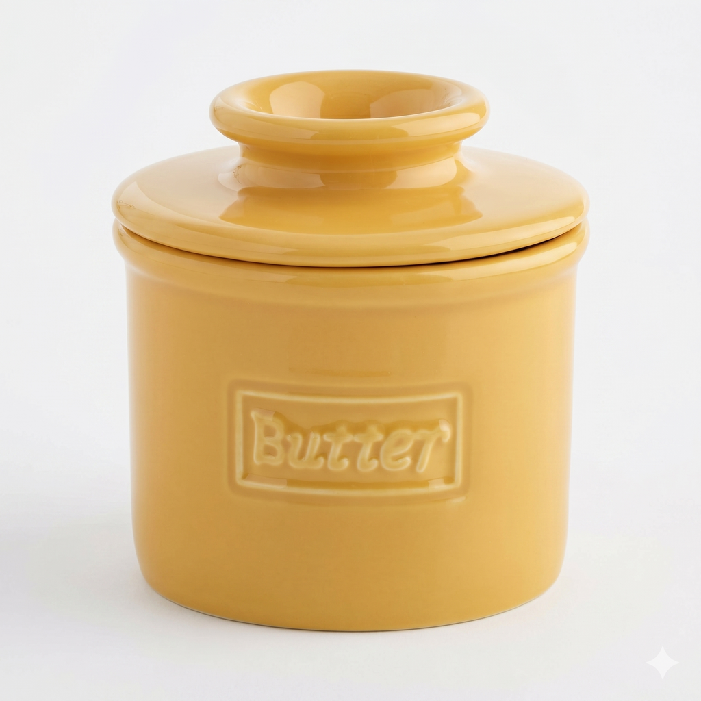 Butter Bell - The Original Butter Bell crock by L Tremain, a Countertop French Ceramic Butter Dish Keeper for Spreadable Butter, Café Retro Collection, Golden Yellow, Glossy Finish