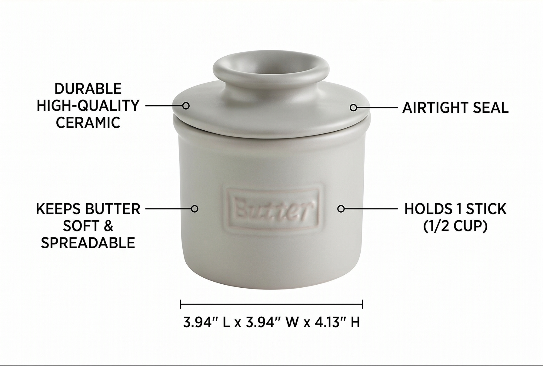 Butter Bell - The Original Butter Bell crock by L Tremain, a Countertop French Ceramic Butter Dish Keeper for Spreadable Butter, Café Matte Collection, Stone