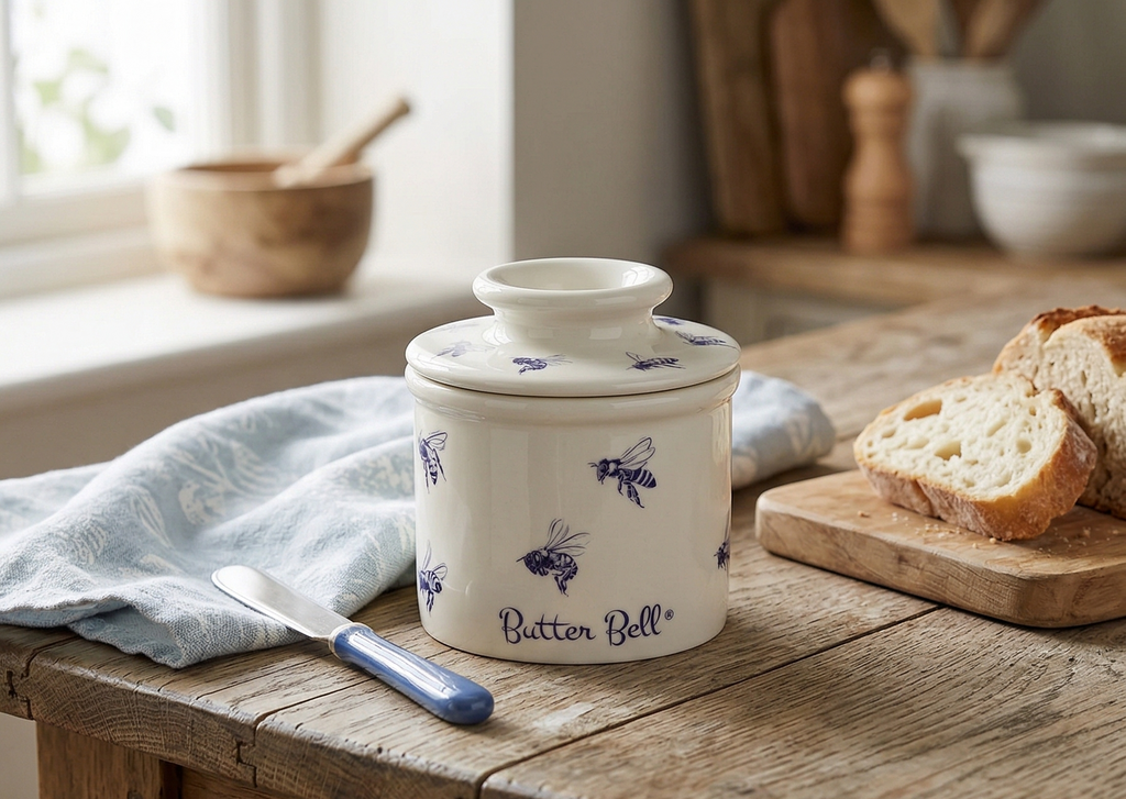Butter Bell - The Original Butter Bell crock by L Tremain, a Countertop French Ceramic Butter Dish Keeper with Lid for Spreadable Butter, Farmhouse Collection, Honey Bees, Blue & White
