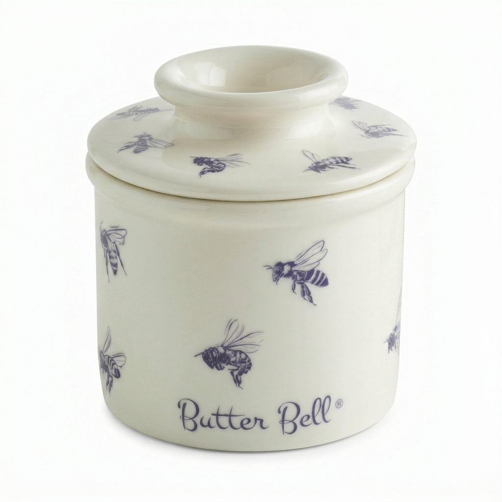 Butter Bell - The Original Butter Bell crock by L Tremain, a Countertop French Ceramic Butter Dish Keeper with Lid for Spreadable Butter, Farmhouse Collection, Honey Bees, Blue & White