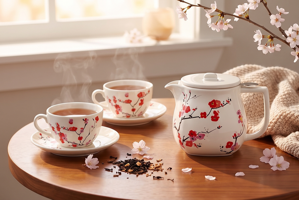 Tea Forte Ceramic Teapot with Removable Stainless Steel Infuser Basket and Lid, Steeps 24 oz. Loose Leaf Tea, Dishwasher & Microwave Safe, Sakura Cherry Blossom