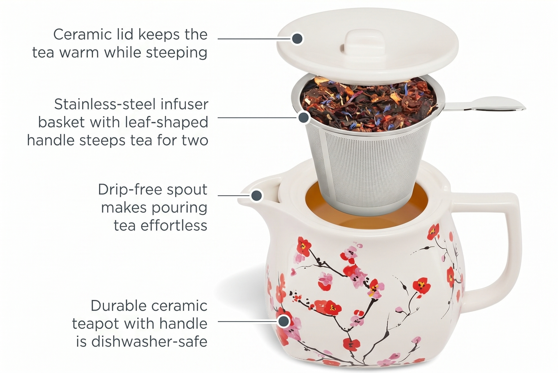 Tea Forte Ceramic Teapot with Removable Stainless Steel Infuser Basket and Lid, Steeps 24 oz. Loose Leaf Tea, Dishwasher & Microwave Safe, Sakura Cherry Blossom