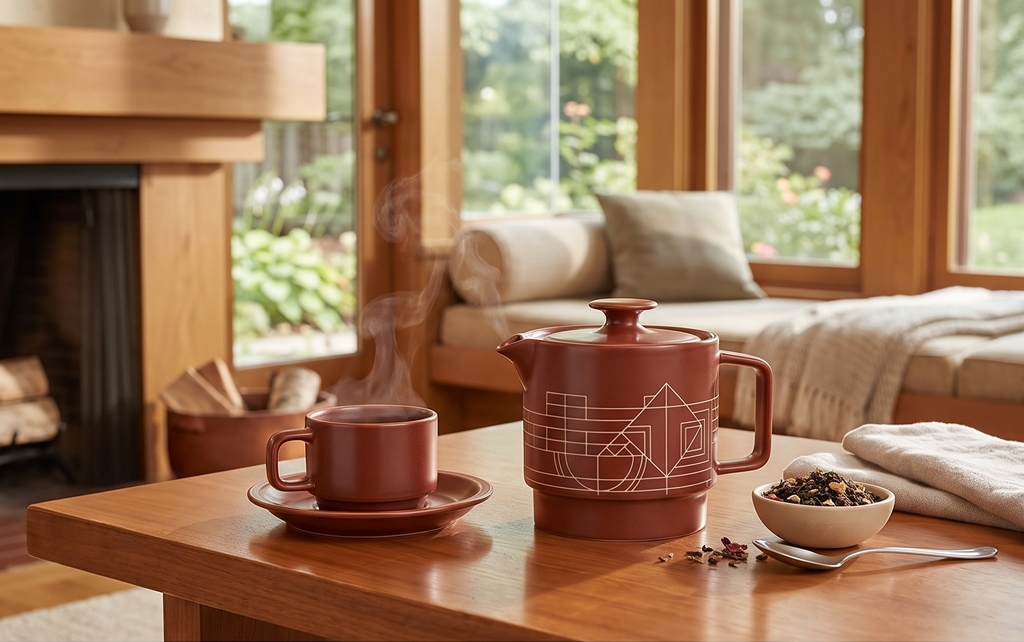Tea Forte Ceramic Teapot with Removable Stainless Steel Infuser Basket and Lid, Steeps 24 oz. Loose Leaf Tea, Dishwasher & Microwave Safe, Terra - Frank Lloyd Wright