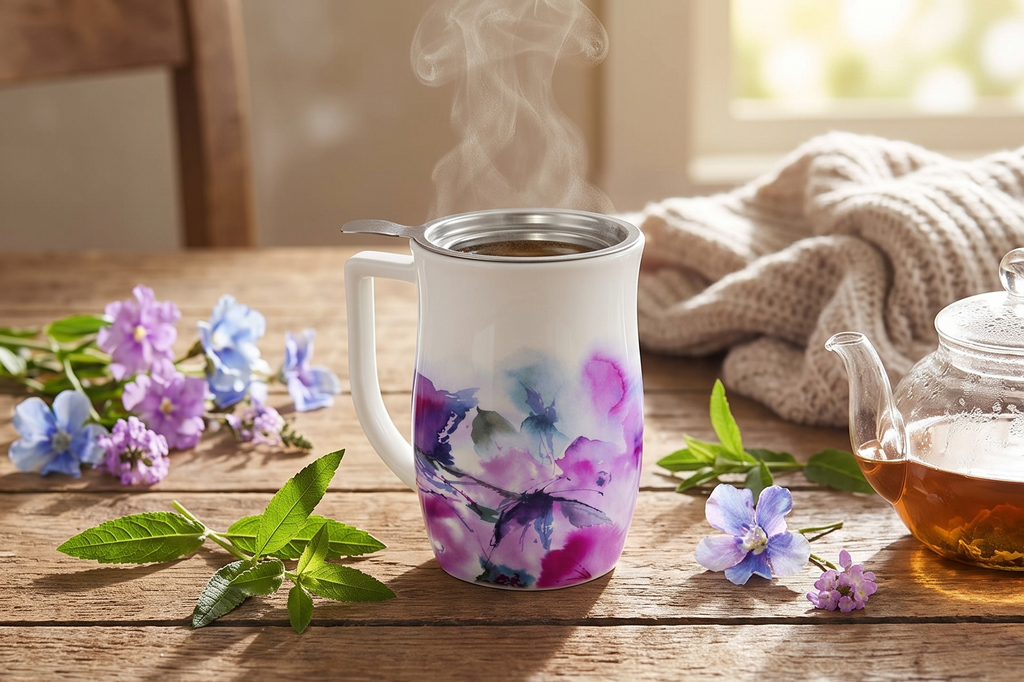 Tea Forte Ceramic Fiore Cup with Handle, Removeable Stainless Steel Infuser Basket and Lid, Steeps 14 oz Loose Leaf Tea, Dishwasher & Microwave Safe, Verbena Blossom