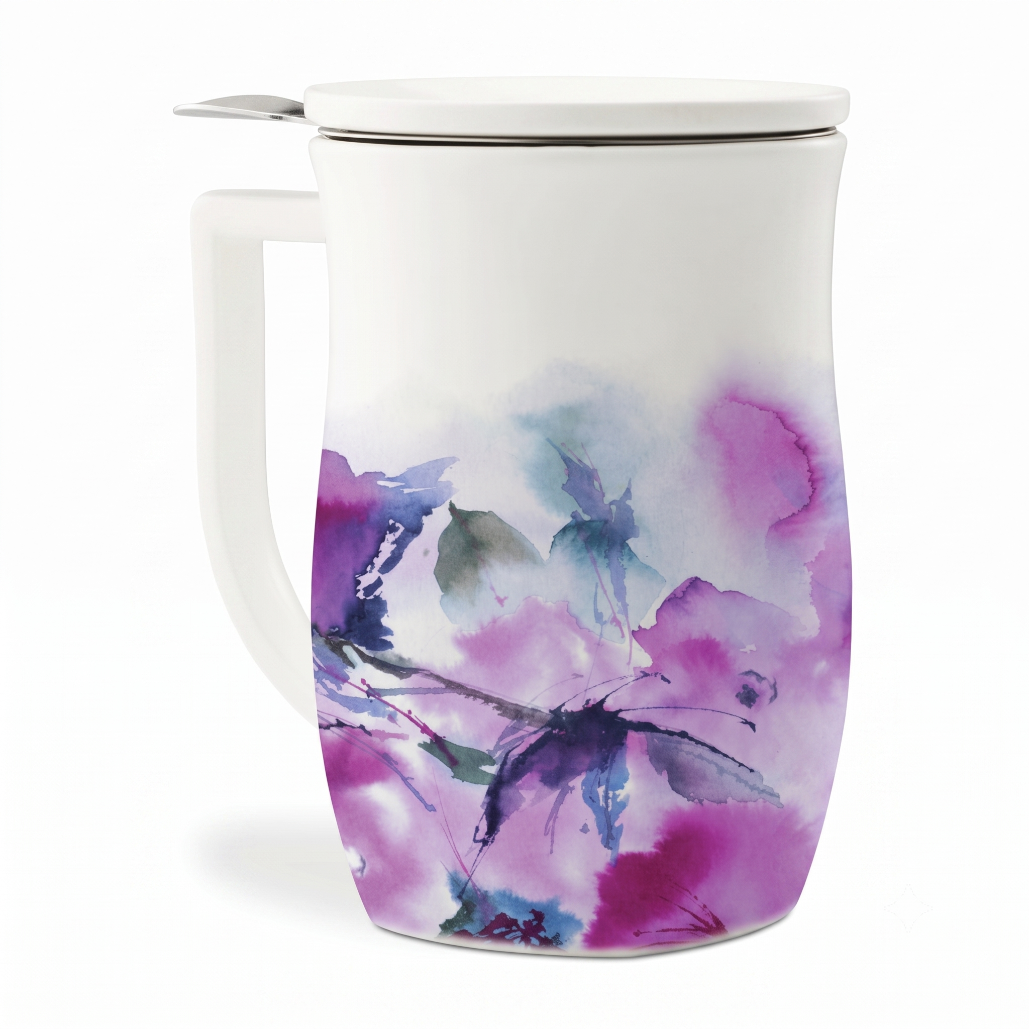 Tea Forte Ceramic Fiore Cup with Handle, Removeable Stainless Steel Infuser Basket and Lid, Steeps 14 oz Loose Leaf Tea, Dishwasher & Microwave Safe, Verbena Blossom