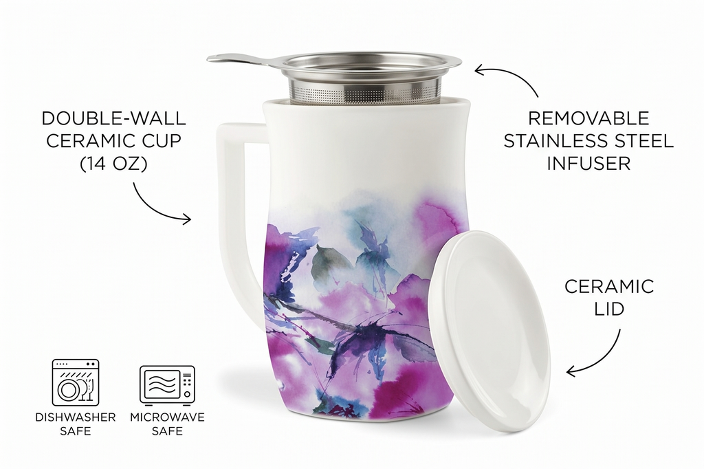 Tea Forte Ceramic Fiore Cup with Handle, Removeable Stainless Steel Infuser Basket and Lid, Steeps 14 oz Loose Leaf Tea, Dishwasher & Microwave Safe, Verbena Blossom