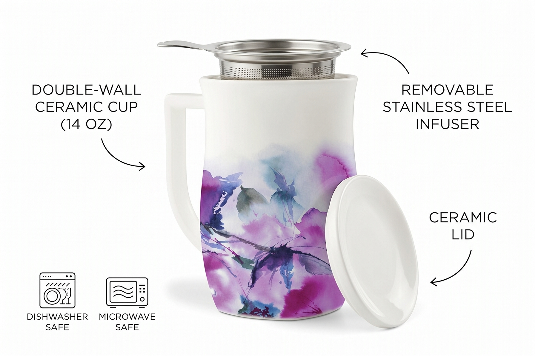 Tea Forte Ceramic Fiore Cup with Handle, Removeable Stainless Steel Infuser Basket and Lid, Steeps 14 oz Loose Leaf Tea, Dishwasher & Microwave Safe, Verbena Blossom