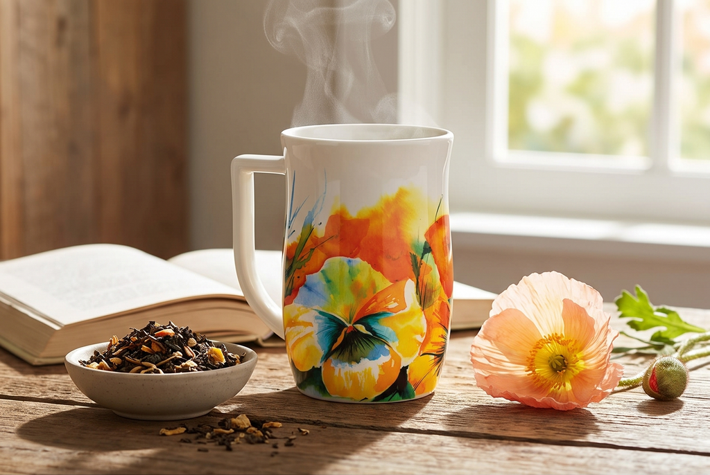 Tea Forte Ceramic Fiore Cup with Handle, Removeable Stainless Steel Infuser Basket and Lid, Steeps 14 oz Loose Leaf Tea, Dishwasher & Microwave Safe, Wild Poppy