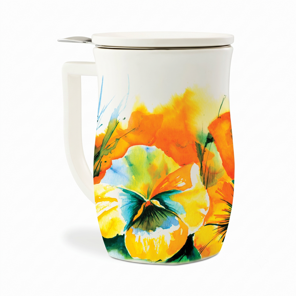 Tea Forte Ceramic Fiore Cup with Handle, Removeable Stainless Steel Infuser Basket and Lid, Steeps 14 oz Loose Leaf Tea, Dishwasher & Microwave Safe, Wild Poppy