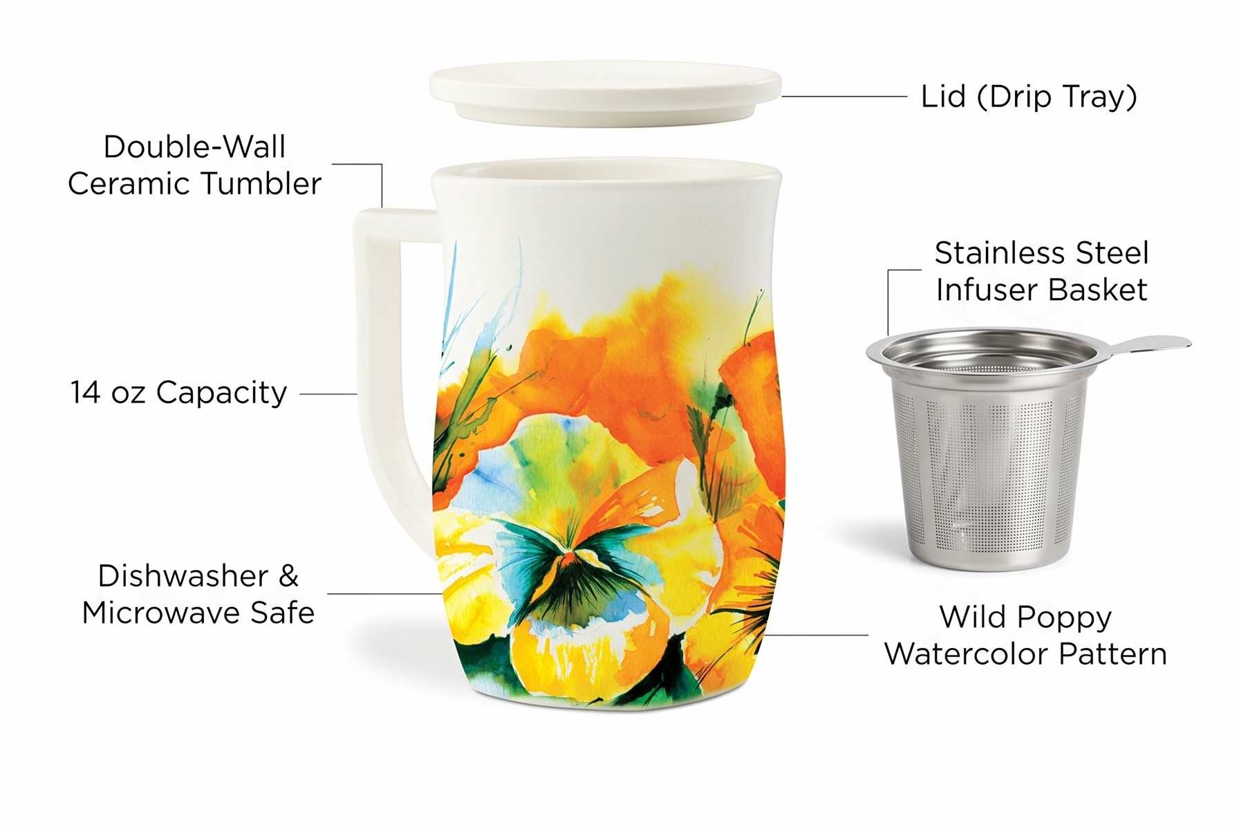 Tea Forte Ceramic Fiore Cup with Handle, Removeable Stainless Steel Infuser Basket and Lid, Steeps 14 oz Loose Leaf Tea, Dishwasher & Microwave Safe, Wild Poppy