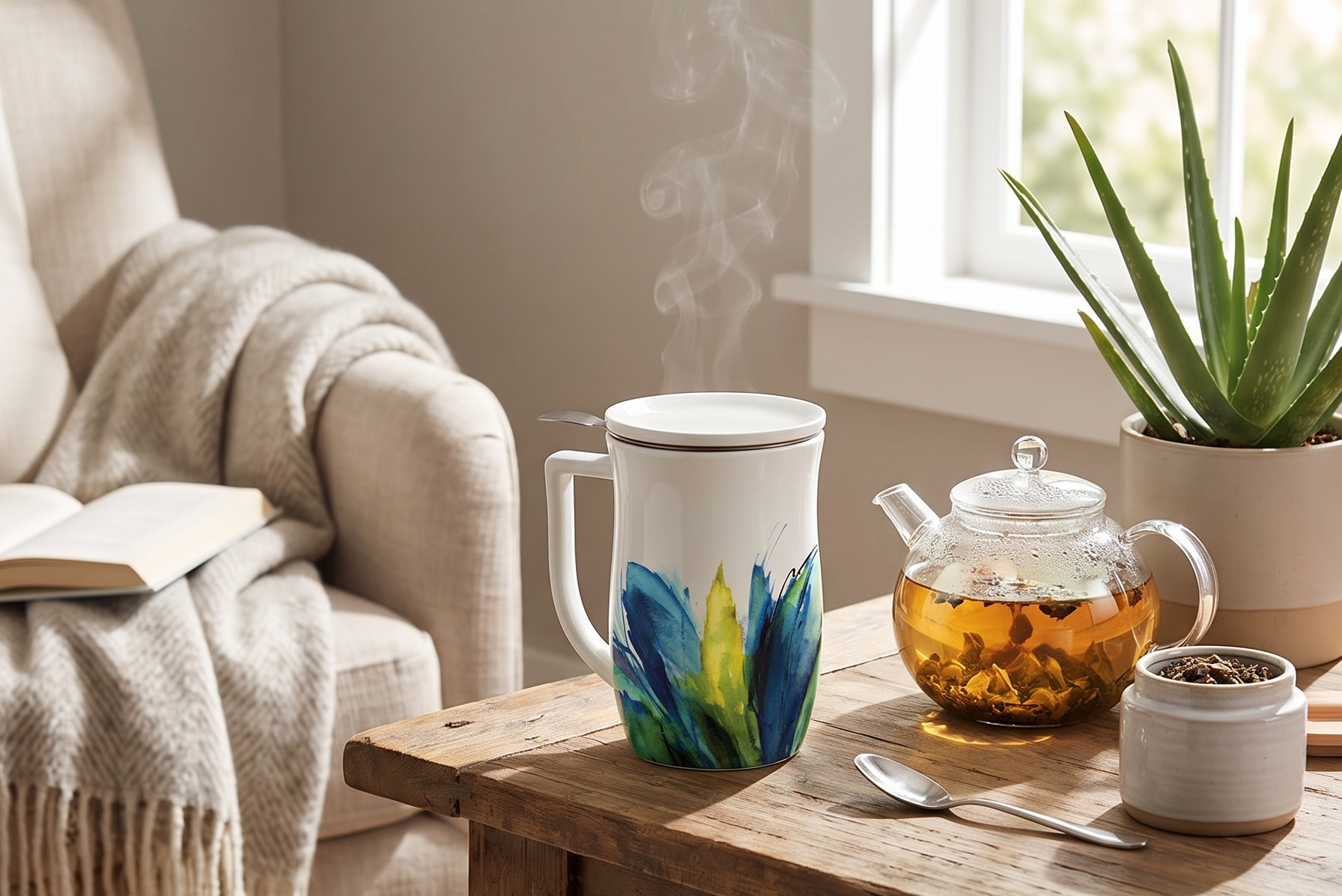 Tea Forte Ceramic Fiore Cup with Handle, Removeable Stainless Steel Infuser Basket and Lid, Steeps 14 oz Loose Leaf Tea, Dishwasher & Microwave Safe, Blue Agave
