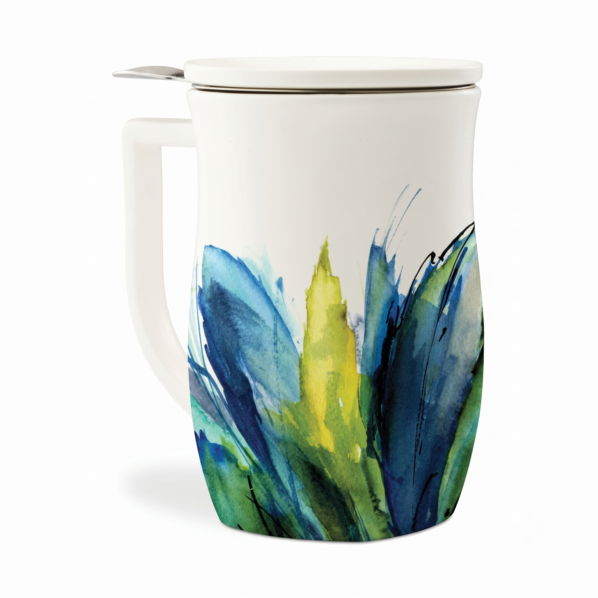 Tea Forte Ceramic Fiore Cup with Handle, Removeable Stainless Steel Infuser Basket and Lid, Steeps 14 oz Loose Leaf Tea, Dishwasher & Microwave Safe, Blue Agave