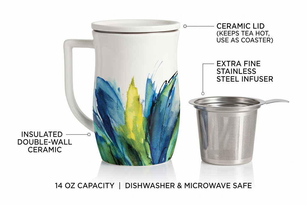 Tea Forte Ceramic Fiore Cup with Handle, Removeable Stainless Steel Infuser Basket and Lid, Steeps 14 oz Loose Leaf Tea, Dishwasher & Microwave Safe, Blue Agave