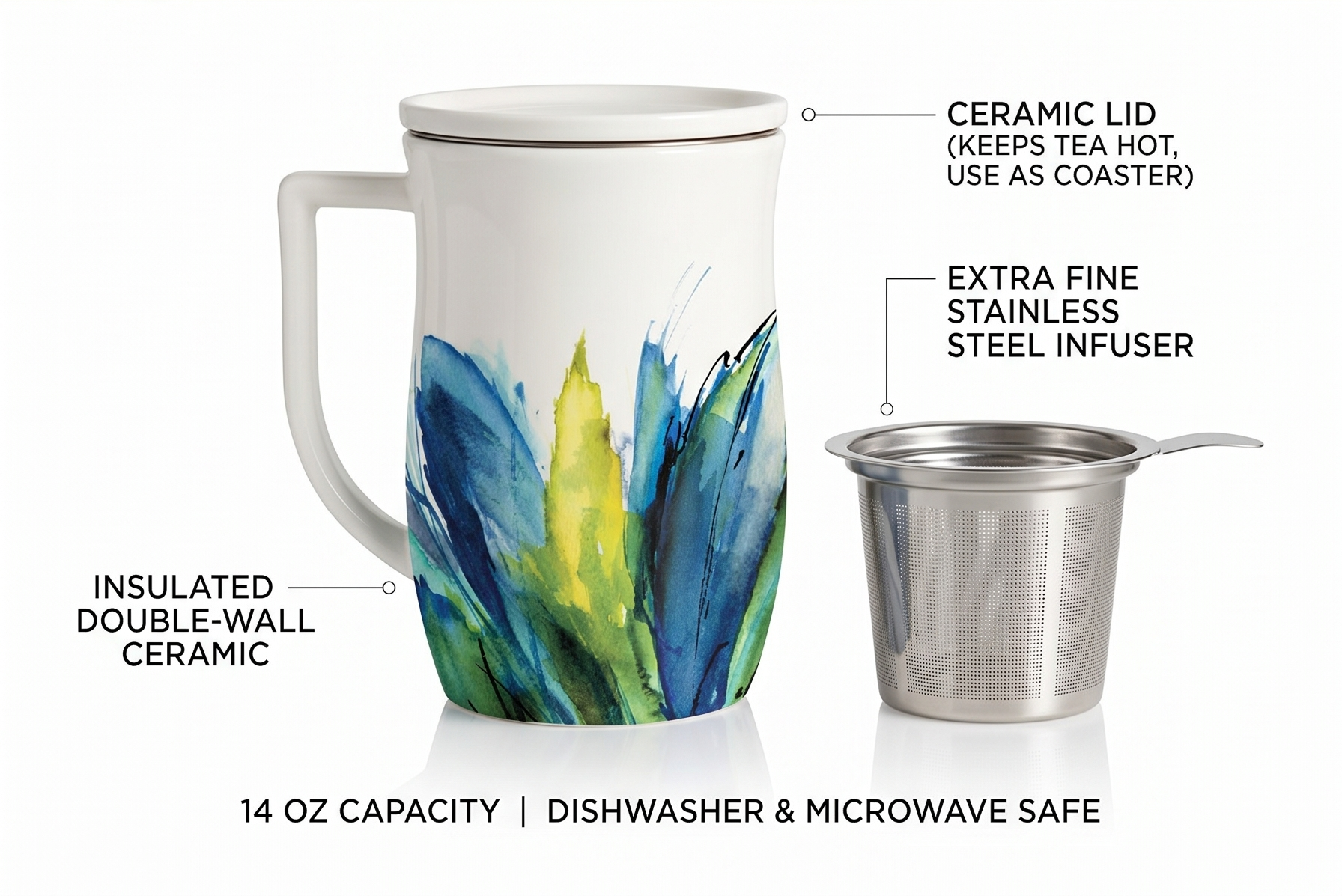 Tea Forte Ceramic Fiore Cup with Handle, Removeable Stainless Steel Infuser Basket and Lid, Steeps 14 oz Loose Leaf Tea, Dishwasher & Microwave Safe, Blue Agave