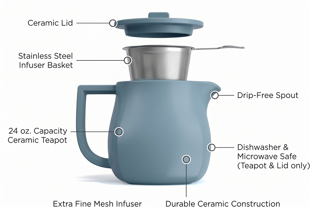 Tea Forte Ceramic Teapot with Removable Stainless Steel Infuser Basket and Lid, Steeps 24 oz. Loose Leaf Tea, Dishwasher & Microwave Safe, Stone Blue