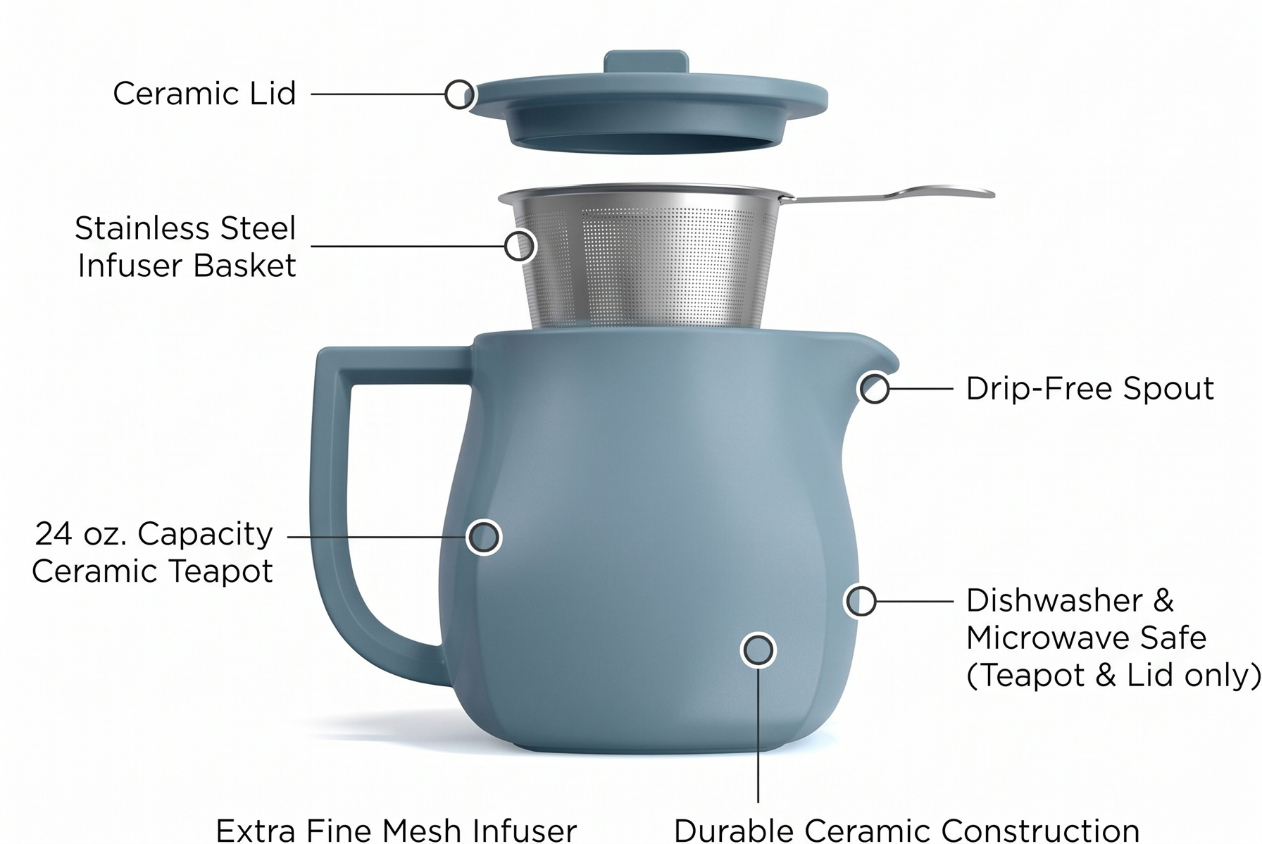 Tea Forte Ceramic Teapot with Removable Stainless Steel Infuser Basket and Lid, Steeps 24 oz. Loose Leaf Tea, Dishwasher & Microwave Safe, Stone Blue