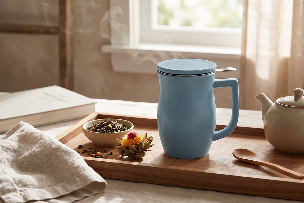 Tea Forte Ceramic Fiore Cup with Handle, Removeable Stainless Steel Infuser Basket and Lid, Steeps 14 oz Loose Leaf Tea, Dishwasher & Microwave Safe, Stone Blue