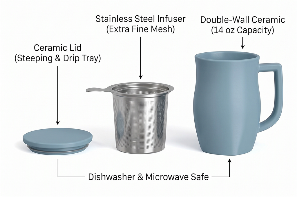 Tea Forte Ceramic Fiore Cup with Handle, Removeable Stainless Steel Infuser Basket and Lid, Steeps 14 oz Loose Leaf Tea, Dishwasher & Microwave Safe, Stone Blue