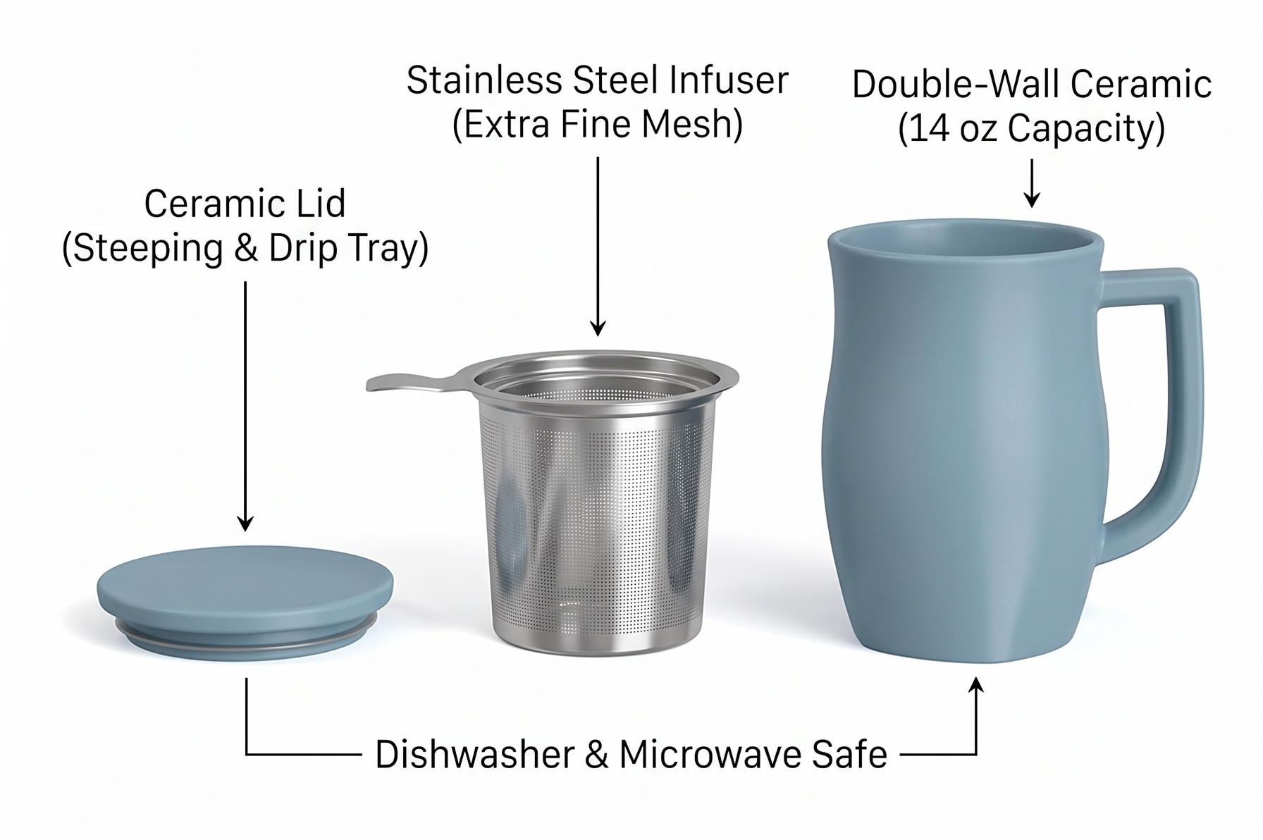 Tea Forte Ceramic Fiore Cup with Handle, Removeable Stainless Steel Infuser Basket and Lid, Steeps 14 oz Loose Leaf Tea, Dishwasher & Microwave Safe, Stone Blue