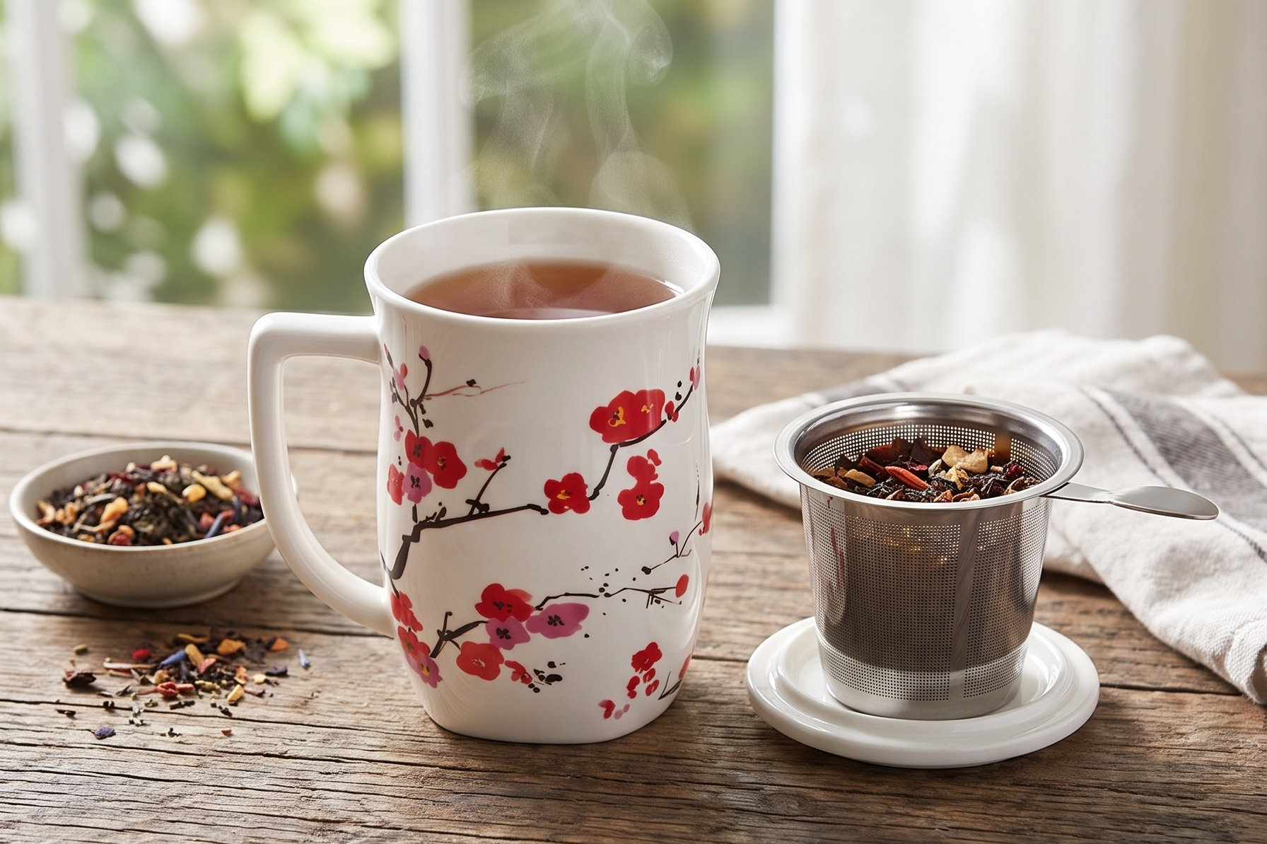 Tea Forte Ceramic Fiore Cup with Handle, Removeable Stainless Steel Infuser Basket and Lid, Steeps 14 oz Loose Leaf Tea, Dishwasher & Microwave Safe, Sakura