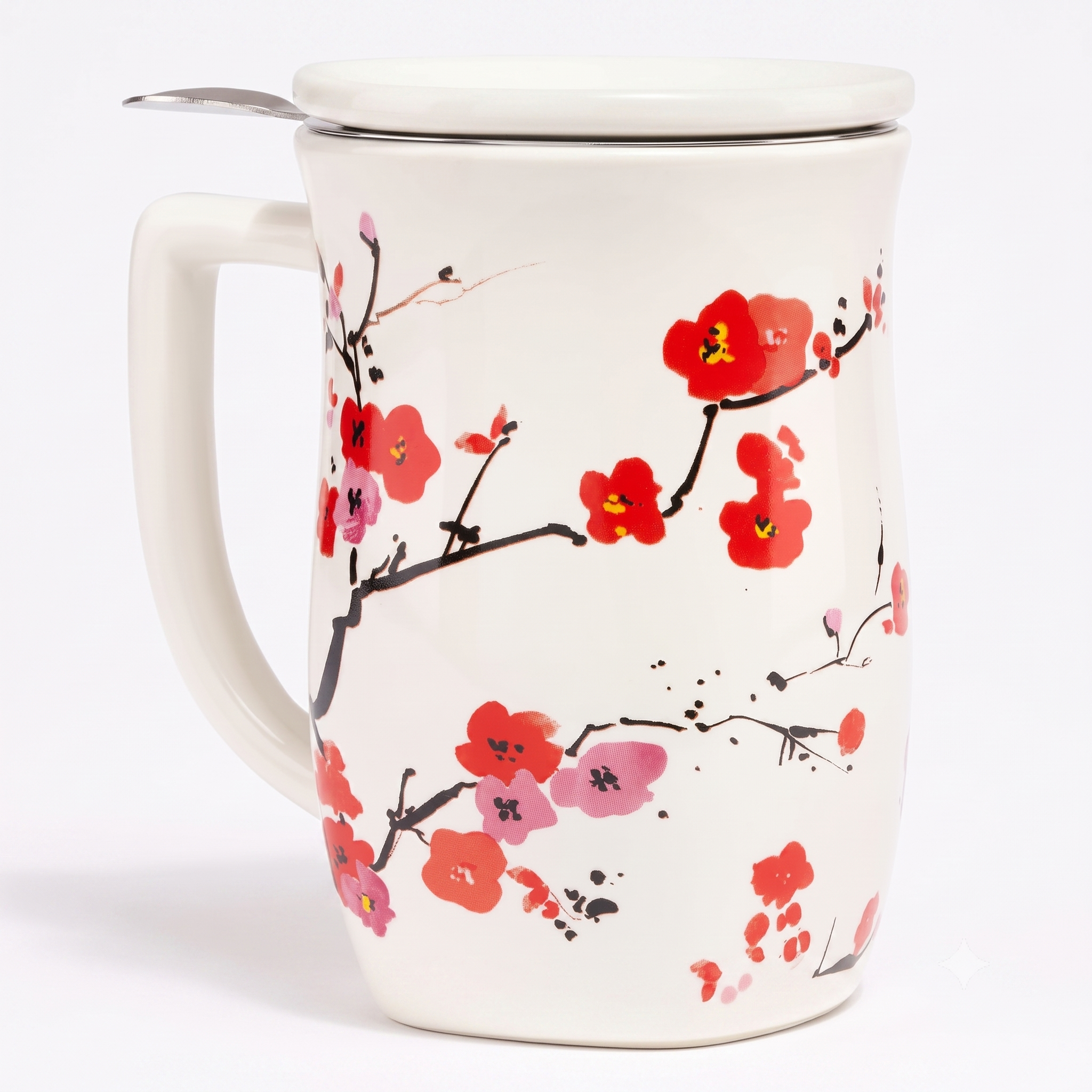 Tea Forte Ceramic Fiore Cup with Handle, Removeable Stainless Steel Infuser Basket and Lid, Steeps 14 oz Loose Leaf Tea, Dishwasher & Microwave Safe, Sakura