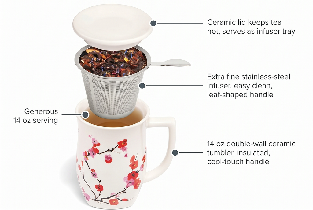Tea Forte Ceramic Fiore Cup with Handle, Removeable Stainless Steel Infuser Basket and Lid, Steeps 14 oz Loose Leaf Tea, Dishwasher & Microwave Safe, Sakura