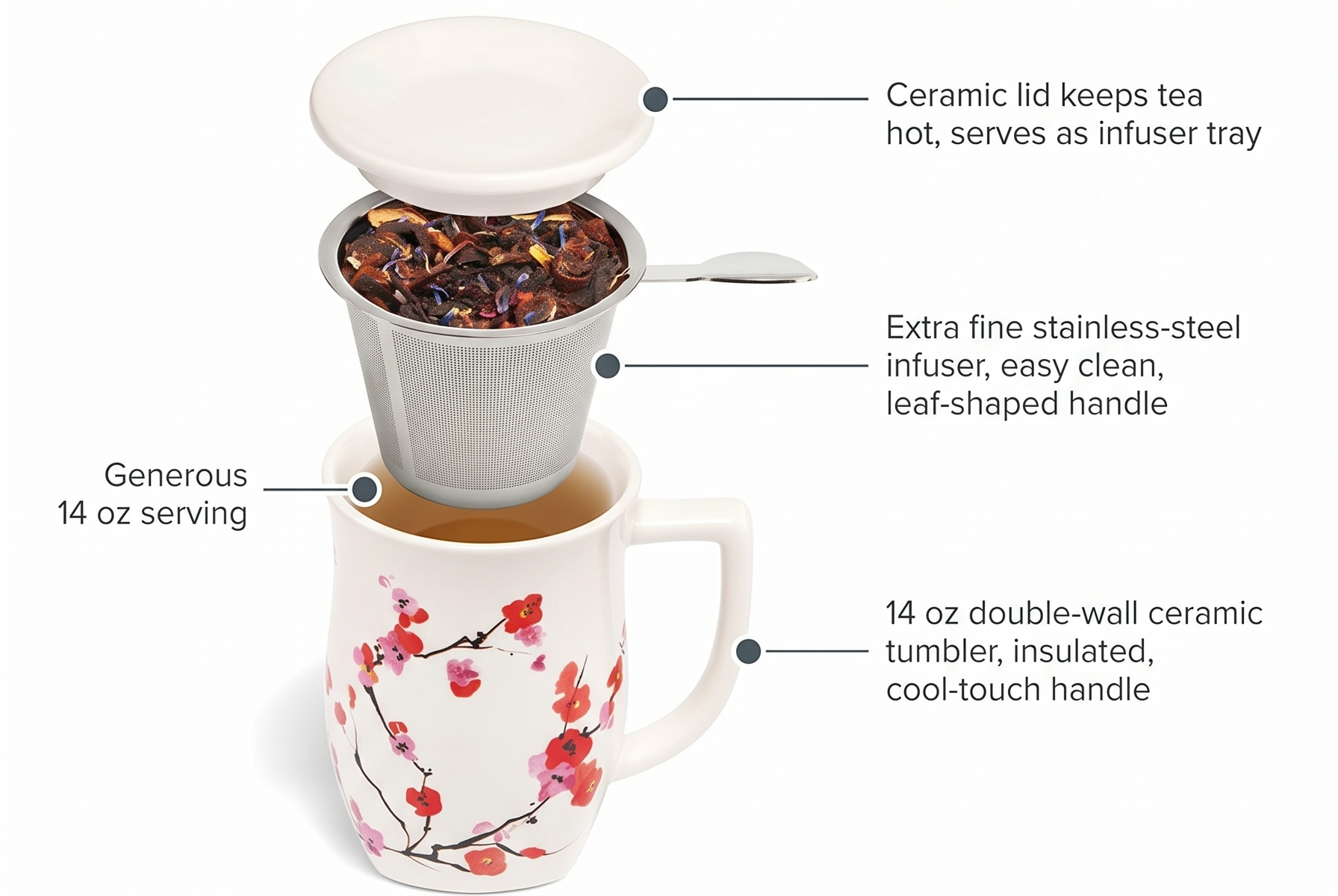 Tea Forte Ceramic Fiore Cup with Handle, Removeable Stainless Steel Infuser Basket and Lid, Steeps 14 oz Loose Leaf Tea, Dishwasher & Microwave Safe, Sakura