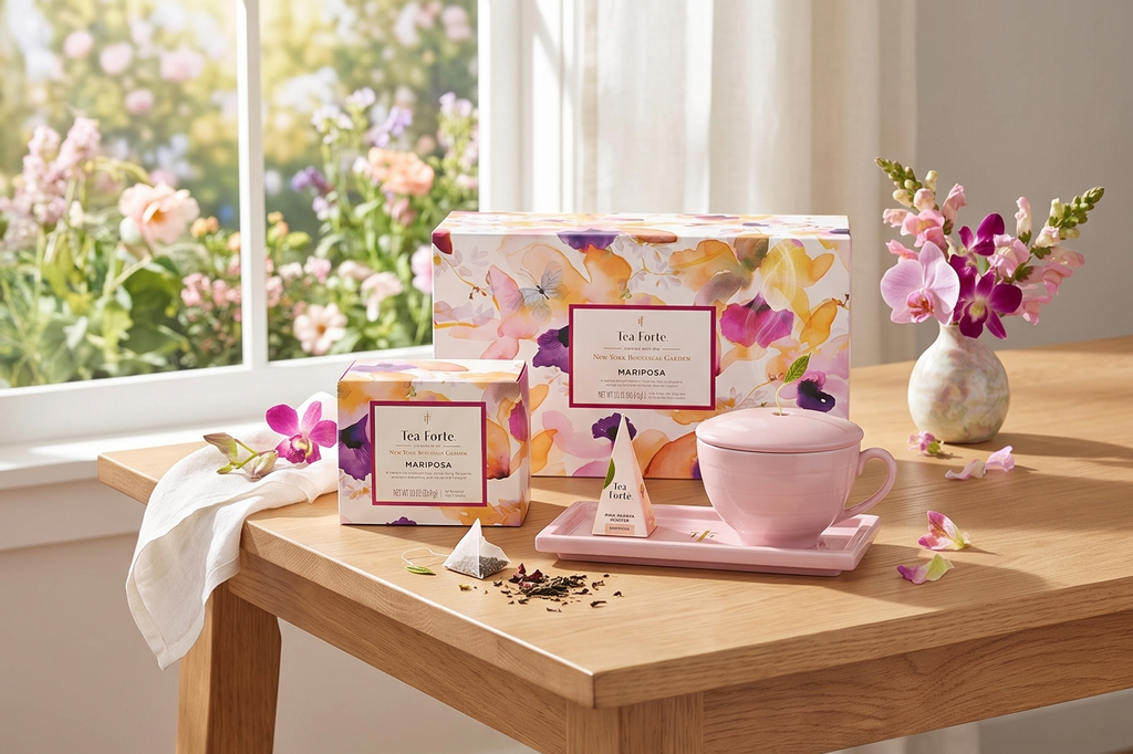 Tea Forte Gift Set with Cafe Cup, Tea Tray, Mini Presentation Box with 10 Handcrafted Pyramid Infuser Tea Bags, Mariposa Tea