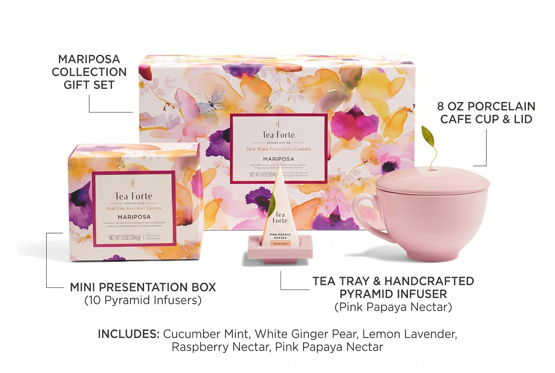 Tea Forte Gift Set with Cafe Cup, Tea Tray, Mini Presentation Box with 10 Handcrafted Pyramid Infuser Tea Bags, Mariposa Tea