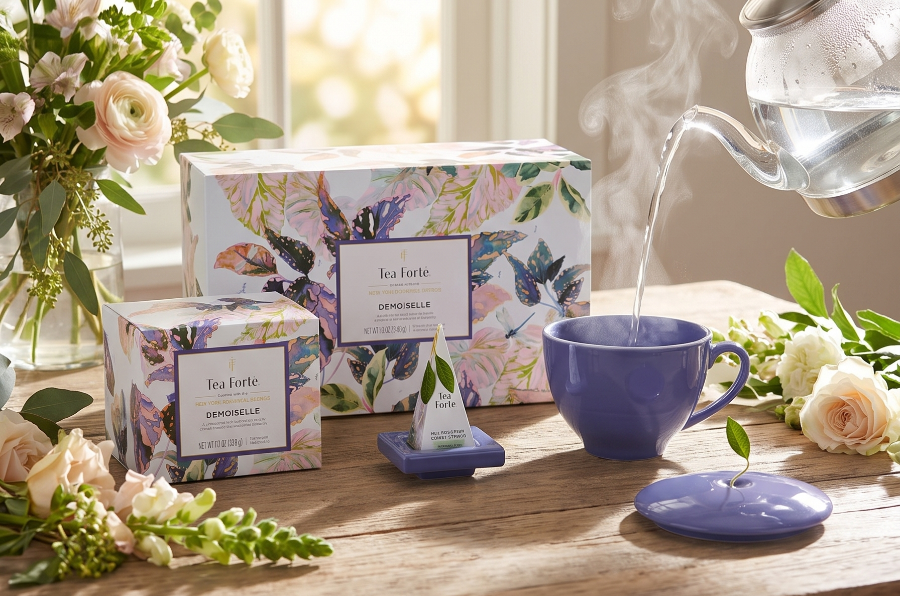 Tea Forte Gift Set with Cafe Cup, Tea Tray, Mini Presentation Box with 10 Handcrafted Pyramid Infuser Tea Bags, Demoiselle Tea