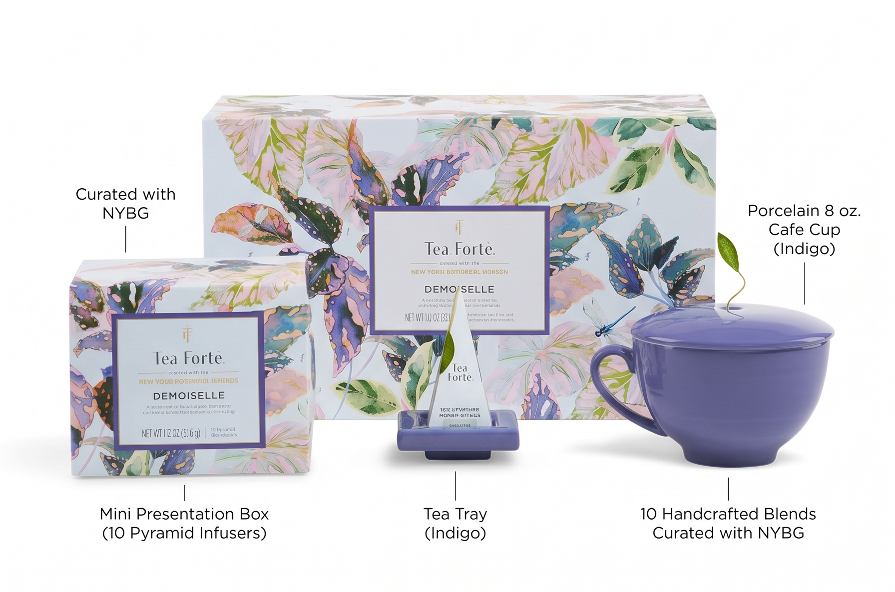 Tea Forte Gift Set with Cafe Cup, Tea Tray, Mini Presentation Box with 10 Handcrafted Pyramid Infuser Tea Bags, Demoiselle Tea
