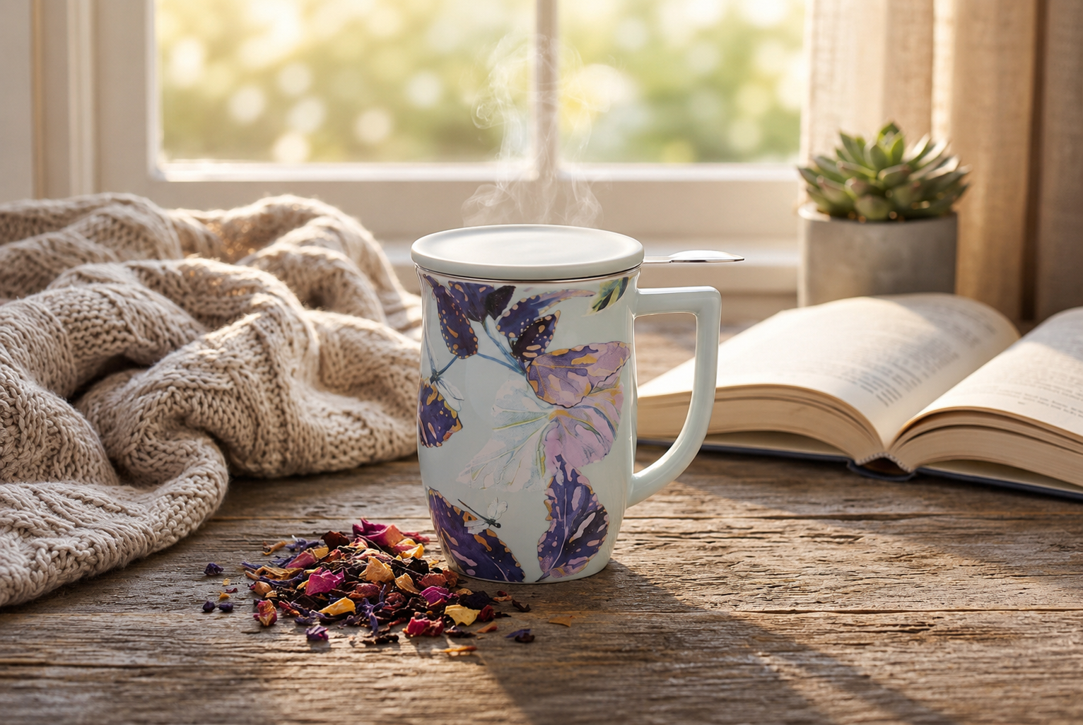 Tea Forte Ceramic Fiore Cup with Handle, Removeable Stainless Steel Infuser Basket and Lid, Steeps 14 oz Loose Leaf Tea, Dishwasher & Microwave Safe, Demoiselle