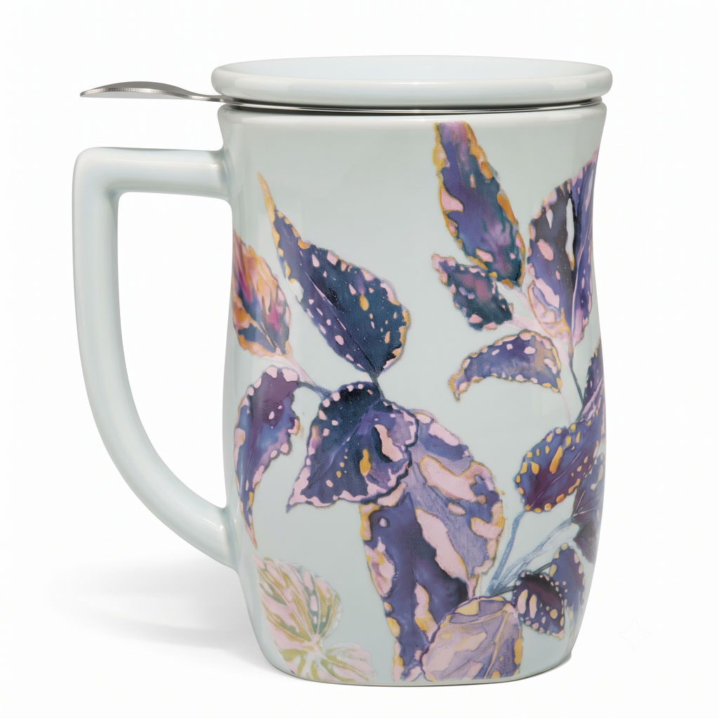 Tea Forte Ceramic Fiore Cup with Handle, Removeable Stainless Steel Infuser Basket and Lid, Steeps 14 oz Loose Leaf Tea, Dishwasher & Microwave Safe, Demoiselle
