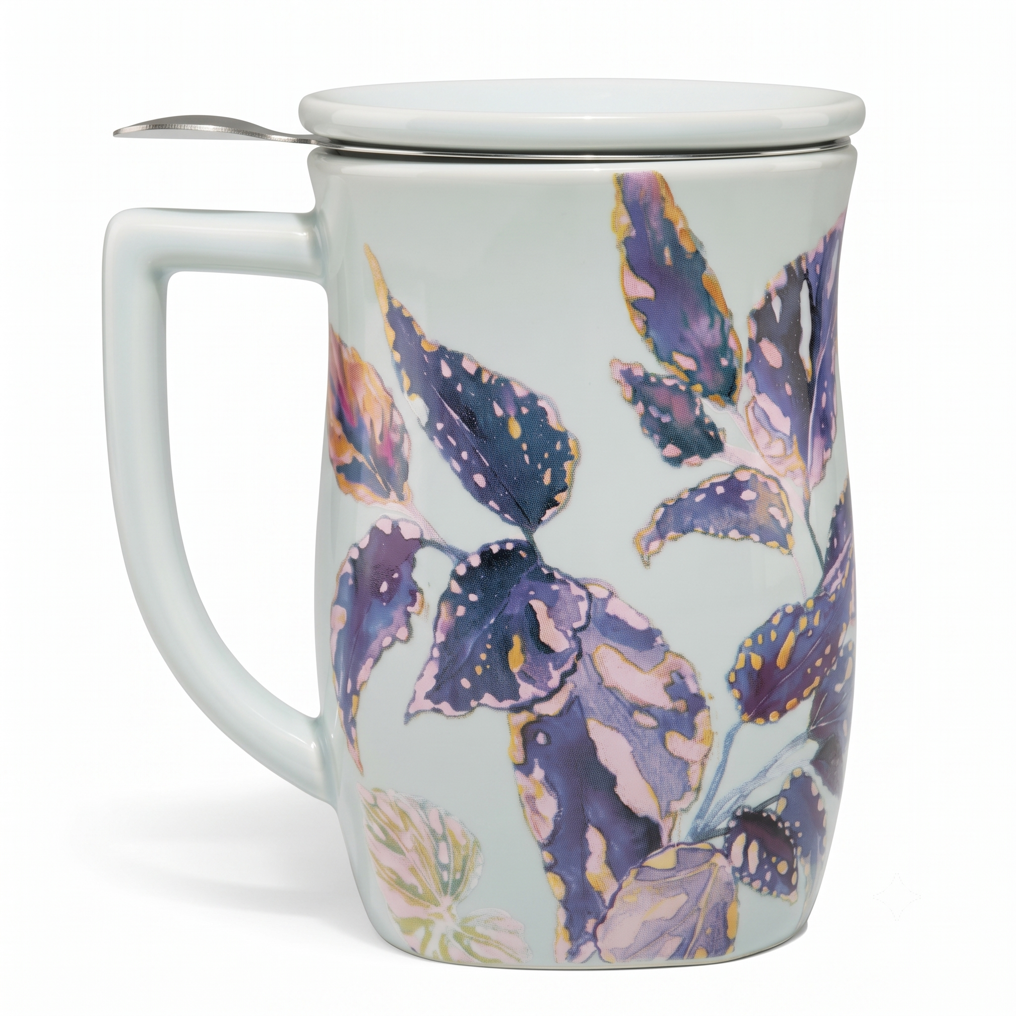 Tea Forte Ceramic Fiore Cup with Handle, Removeable Stainless Steel Infuser Basket and Lid, Steeps 14 oz Loose Leaf Tea, Dishwasher & Microwave Safe, Demoiselle