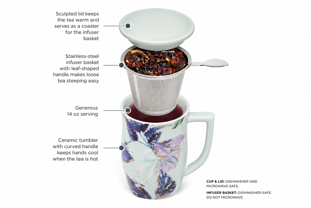 Tea Forte Ceramic Fiore Cup with Handle, Removeable Stainless Steel Infuser Basket and Lid, Steeps 14 oz Loose Leaf Tea, Dishwasher & Microwave Safe, Demoiselle