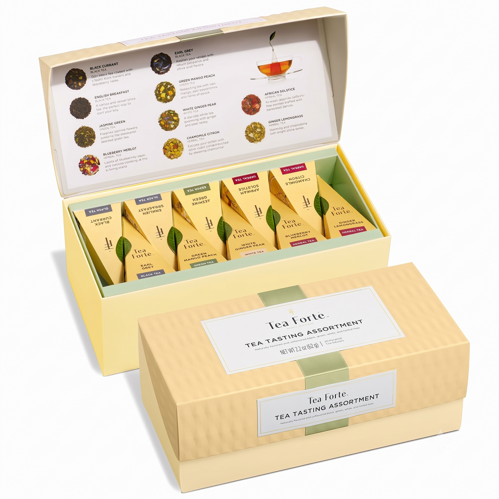 Tea Forte Premium Presentation Box Gift Set Sampler, 20 Count, Assorted Blends Individually Wrapped Handcrafted Pyramid Infuser Bags, Assorted Classic