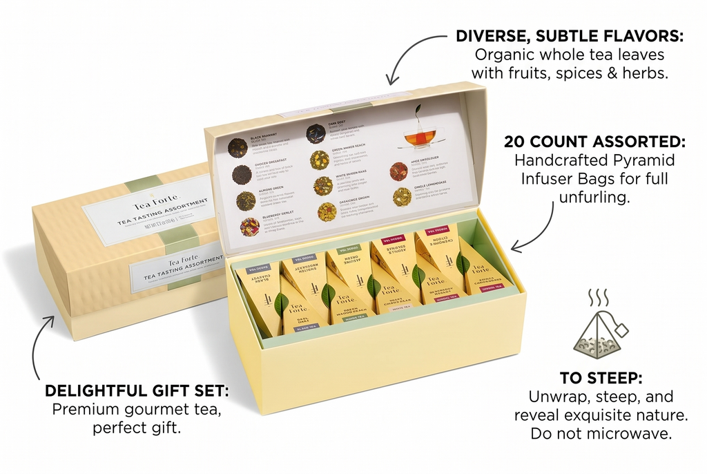 Tea Forte Premium Presentation Box Gift Set Sampler, 20 Count, Assorted Blends Individually Wrapped Handcrafted Pyramid Infuser Bags, Assorted Classic