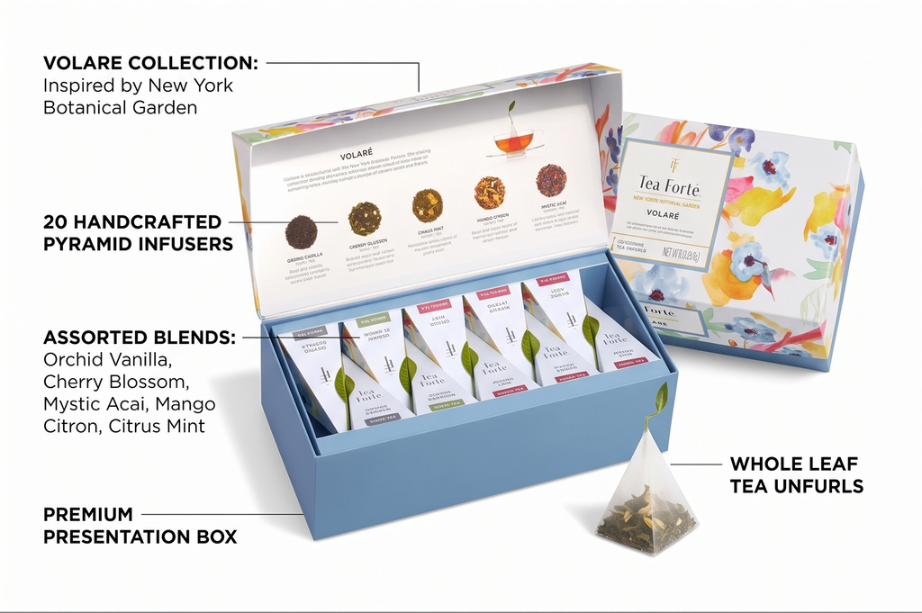 Tea Forte Premium Presentation Box Gift Set Sampler, 20 Count, Assorted Blends Individually Wrapped Handcrafted Pyramid Infuser Bags, Volare