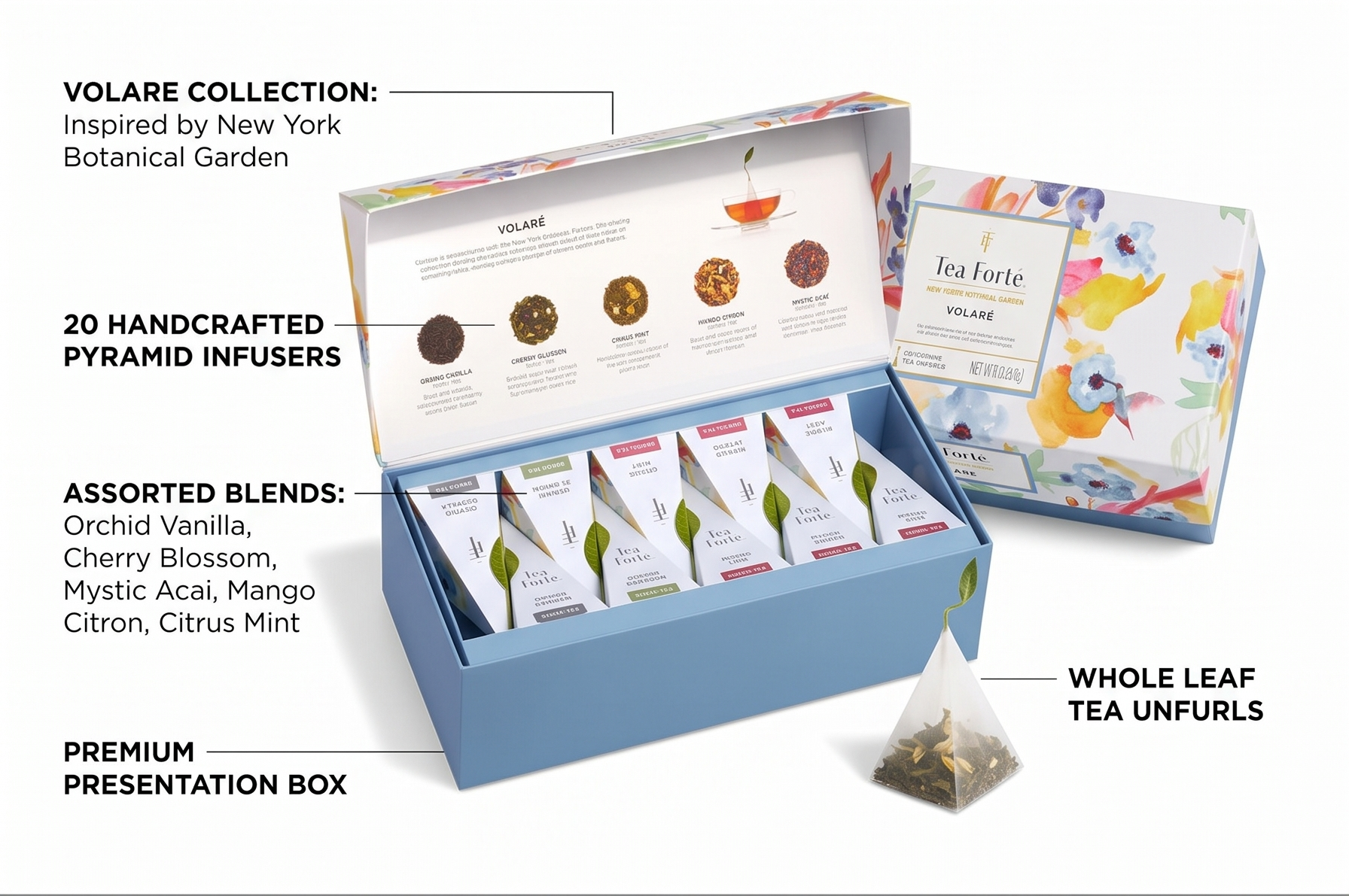 Tea Forte Premium Presentation Box Gift Set Sampler, 20 Count, Assorted Blends Individually Wrapped Handcrafted Pyramid Infuser Bags, Volare