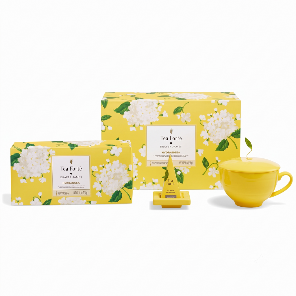 Tea Forte Gift Set with Cafe Cup, Tea Tray, Petite Presentation Box with 10 Handcrafted Pyramid Infuser Tea Bags, Hydrangea