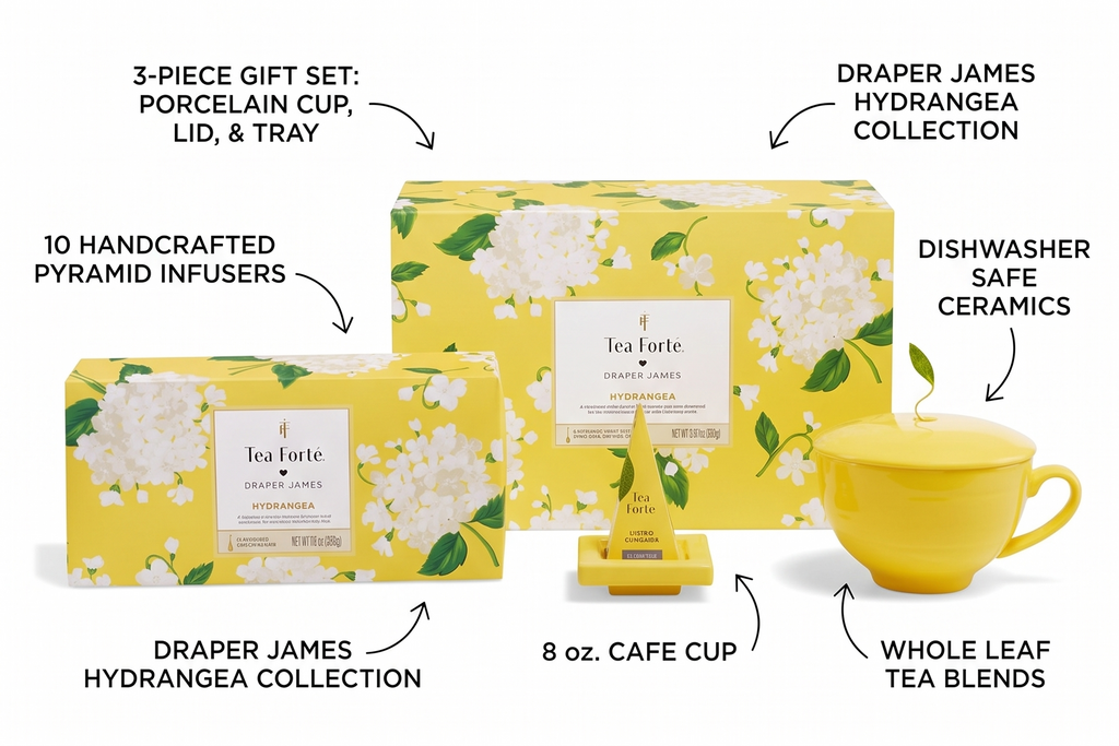 Tea Forte Gift Set with Cafe Cup, Tea Tray, Petite Presentation Box with 10 Handcrafted Pyramid Infuser Tea Bags, Hydrangea