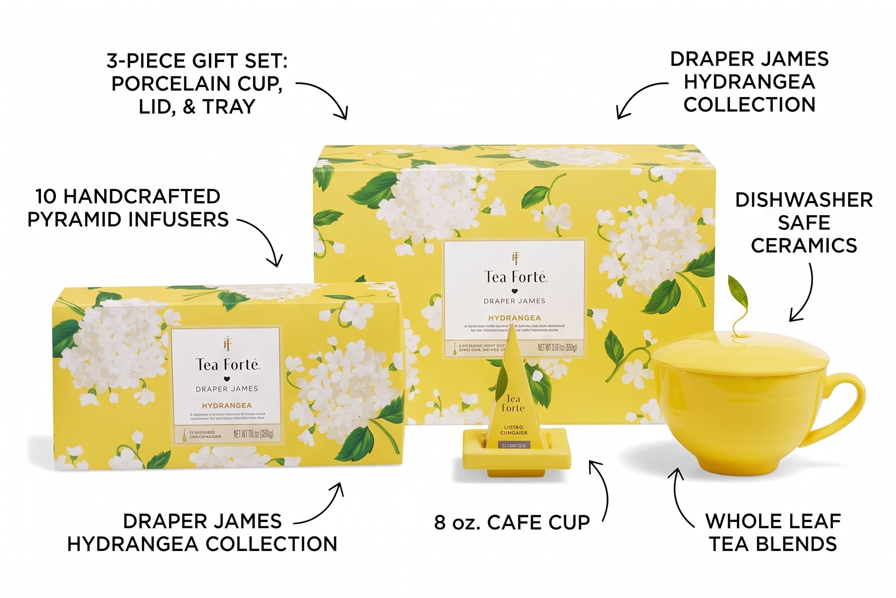Tea Forte Gift Set with Cafe Cup, Tea Tray, Petite Presentation Box with 10 Handcrafted Pyramid Infuser Tea Bags, Hydrangea