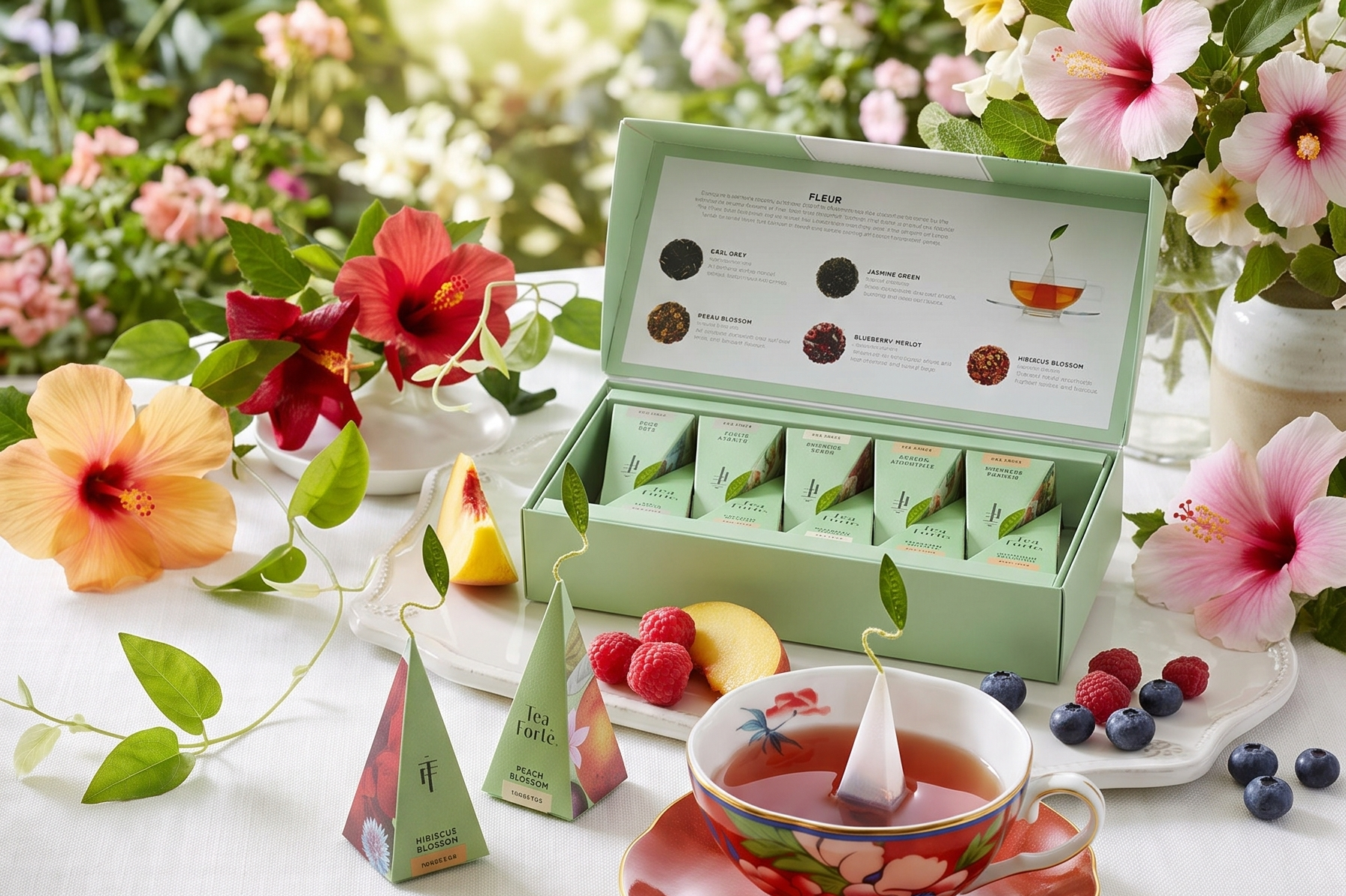 Tea Forte Premium Petite Presentation Box Gift Set Sampler, 10 Count, 2 of Each Blend Individually Wrapped Handcrafted Pyramid Infuser Bags, Fleur Tea