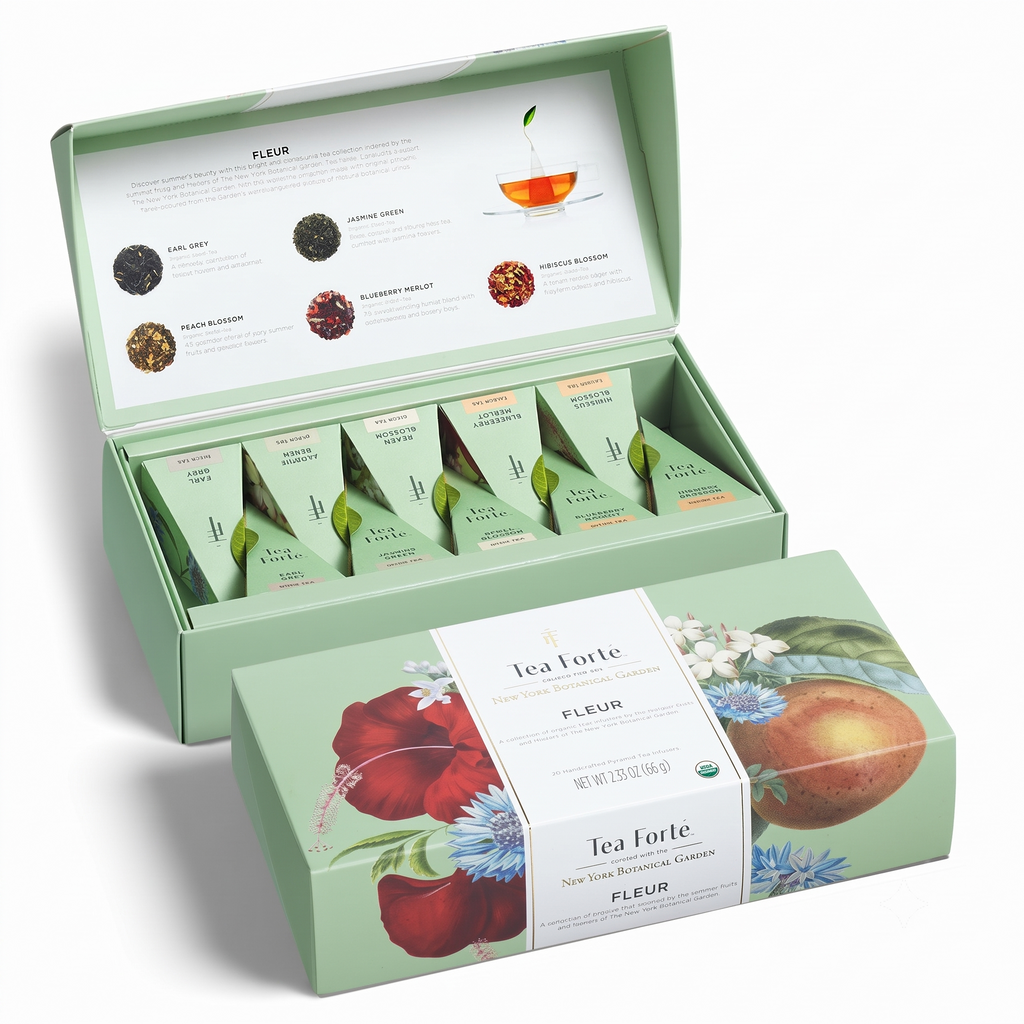 Tea Forte Premium Petite Presentation Box Gift Set Sampler, 10 Count, 2 of Each Blend Individually Wrapped Handcrafted Pyramid Infuser Bags, Fleur Tea