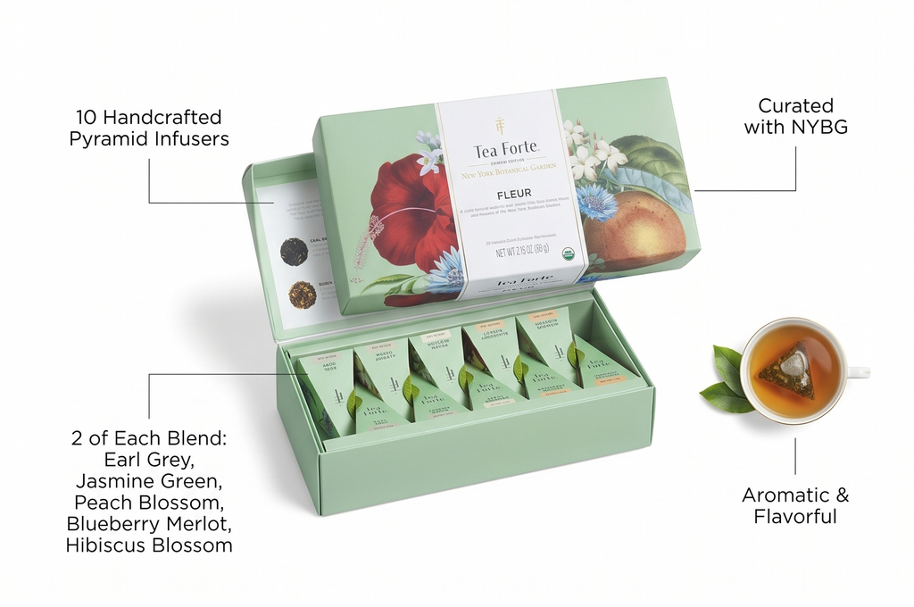 Tea Forte Premium Petite Presentation Box Gift Set Sampler, 10 Count, 2 of Each Blend Individually Wrapped Handcrafted Pyramid Infuser Bags, Fleur Tea