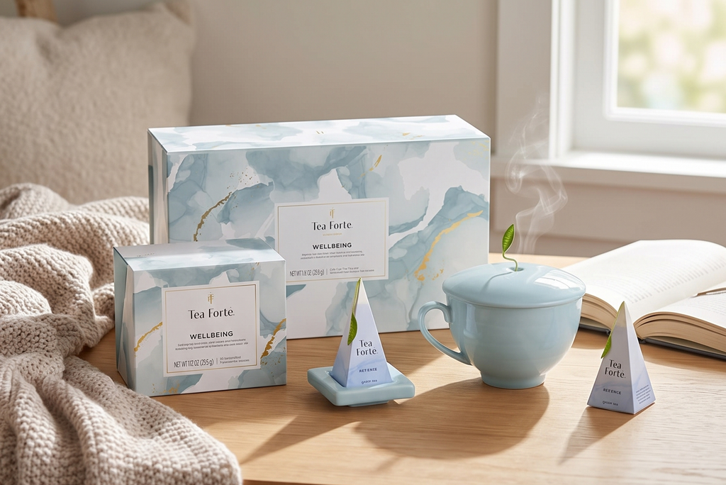 Tea Forte Gift Set with Cafe Cup, Tea Tray, Mini Presentation Box with 10 Handcrafted Pyramid Infuser Tea Bags, Wellbeing Tea