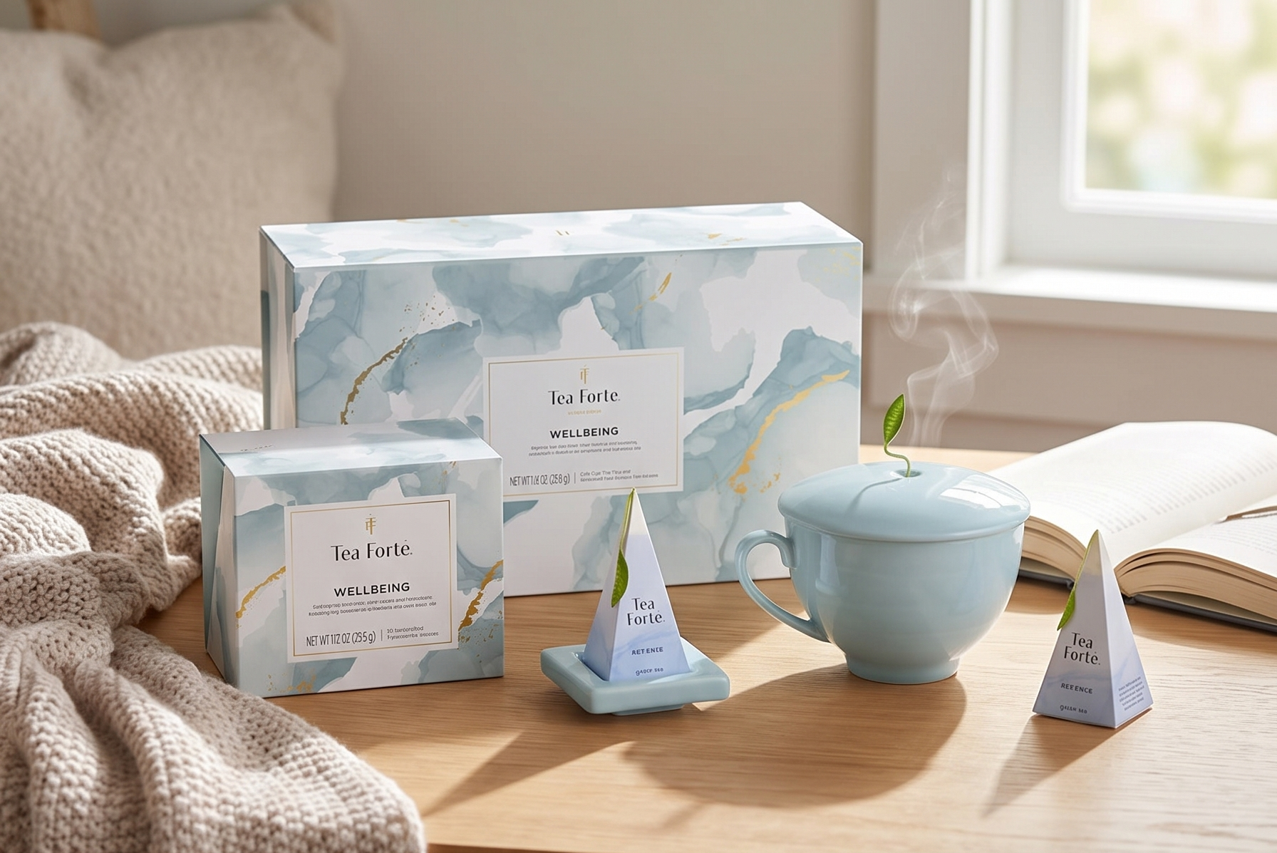 Tea Forte Gift Set with Cafe Cup, Tea Tray, Mini Presentation Box with 10 Handcrafted Pyramid Infuser Tea Bags, Wellbeing Tea